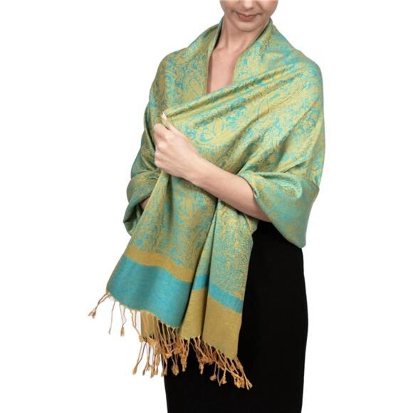 Two Tone Paisley Pashmina Scarf, Shawls Wraps Blue Yellow - Picture 1 of 6